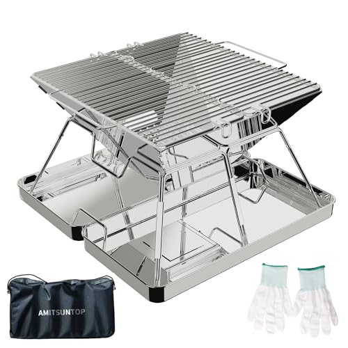 AMITSUNTOP 焚き火台 バーベキュー コンロ 屋外での焚き火 コンパクトな折りたたみ収納ステンレス鋼 収納袋付き グリルデザインの改良により 安定性と利便性が向上