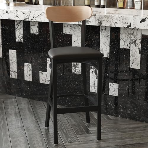 Image of Flash Furniture Wright Commercial Barstool - Natural Birch Finish Wood Boomerang Back - Black Vinyl Seat - 500 LB. Capacity Black Steel Frame - Integrated Footrest