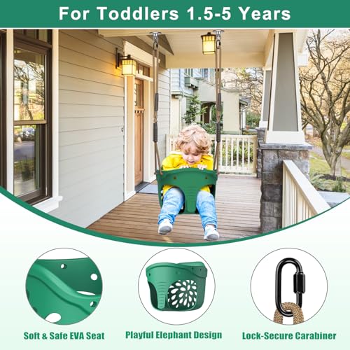 Image of SELEWARE Green High Back Full Bucket Toddler Swing and Kids Swing Seat | Heavy-Duty Toddler Swing Set Accessories with Adjustable Ropes & Carabiners for Indoor /Outdoor, Backyard, Playground, Tree
