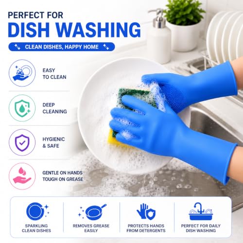 Image of Magic Silicone Dish Washing Gloves | Multicolour | Reusable Gloves with Built-In Scrubber | Kitchen Dishwashing, Bathroom Cleaning, Car Wash & Pet Grooming | 1 Pair