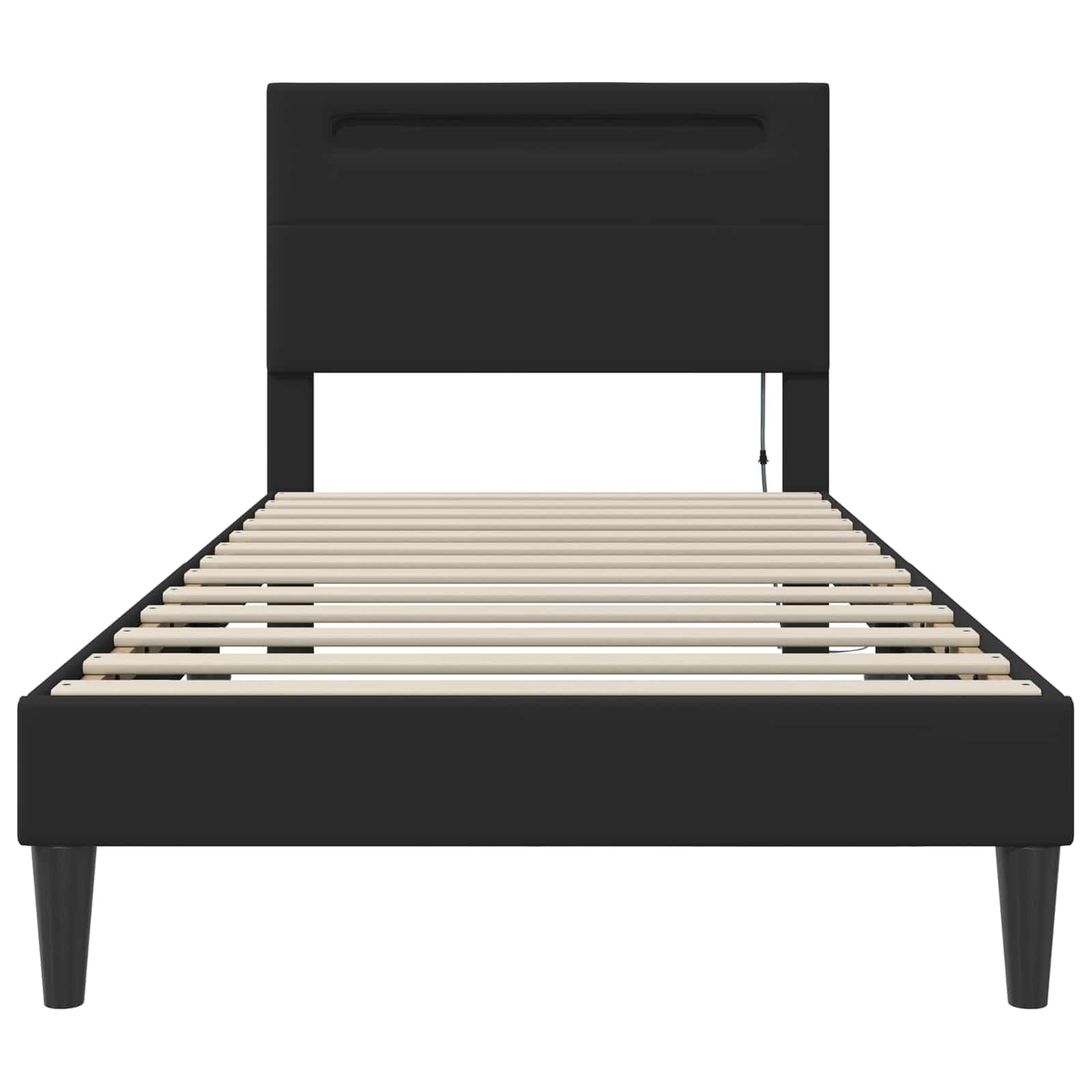 Marco de cama con tiras de luz LED, color negro, 90 x 190 cm, piel sintética, marco de cama moderno con fuente de alimentación USB para dormitorio, somier de láminas estable, patas de ahorro