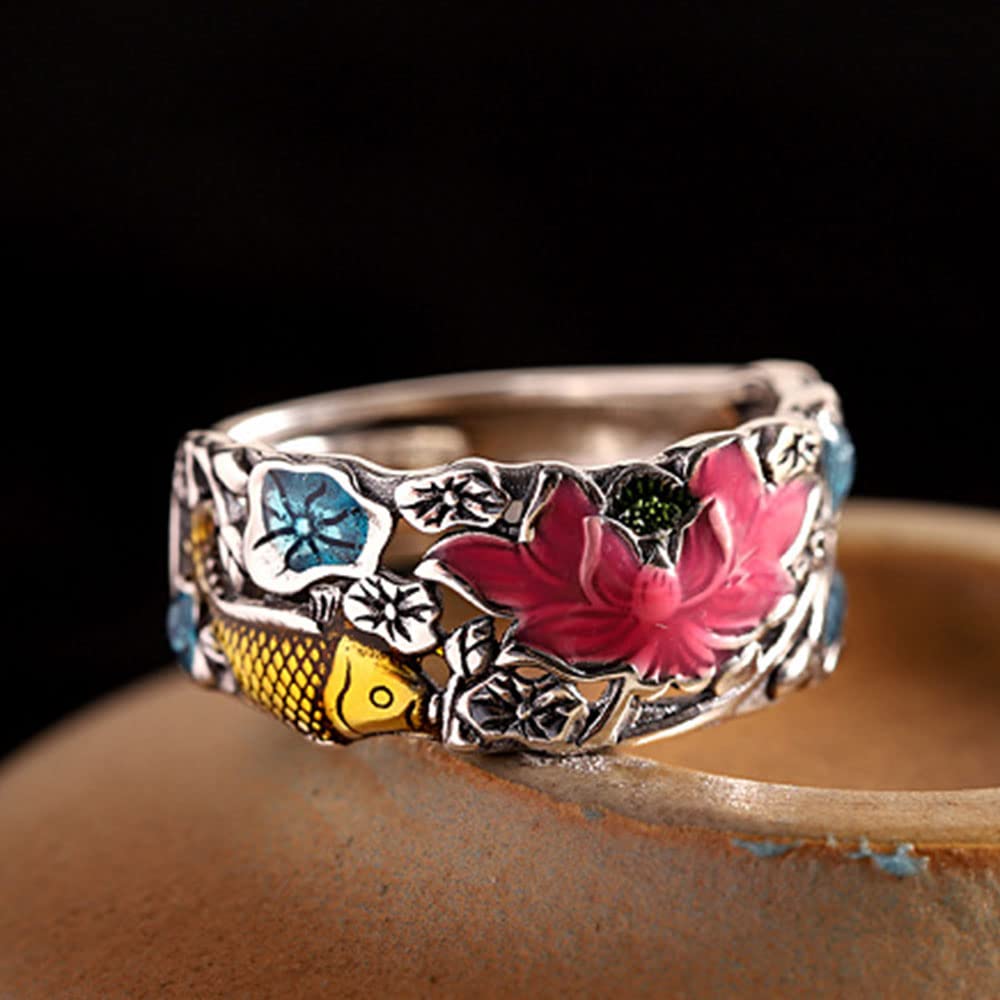 S925 Sterling Silber Charming Pink Lotus Band Ring Golden Lucky Fish Statement Ringe Für Frauen Yoga Medition