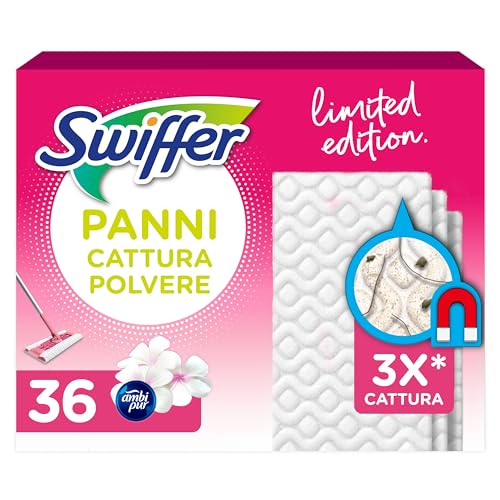 Swiffer Panni Cattura Polvere, 36 Panni Microfibra Dry, Rosa, Cattura Polvere e Sporco, Ottimo per Tutti i Tipi di Pavimenti e per i Peli di Animali, Giga Formato