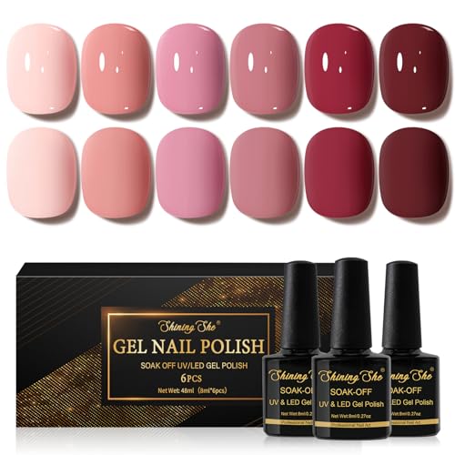 Shining She Smalto Semipermanente Unghie, 6 Colori Rosso Nude Rosa Bordeaux Smalti Semipermanenti per Unghie Soak Off UV LED Gel Unghie Nail Salon per Principianti,8ML