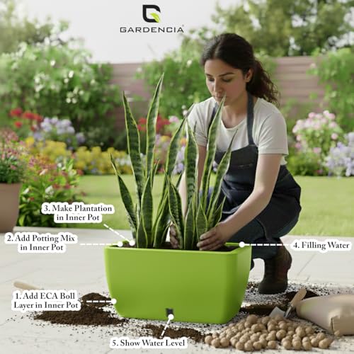 Image of GARDENCIA Self Watering Flower Pots for Outdoor Indoor Gardening /Rectangle Big Plant Pot with Polypropylene UV Material /Decorative Modern Gamla (Pack of 1, Recta Big Green)