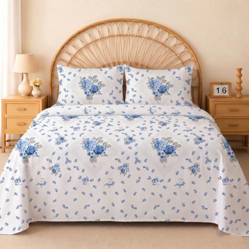 Image of IVAZA 240 TC Soft Ezyption Cotton Floral Print King Size Bedsheet - with 2 Pillow Covers, Hypoallergenic, Brethable, (Size- 90 x 90 Inch) Blue White Flower