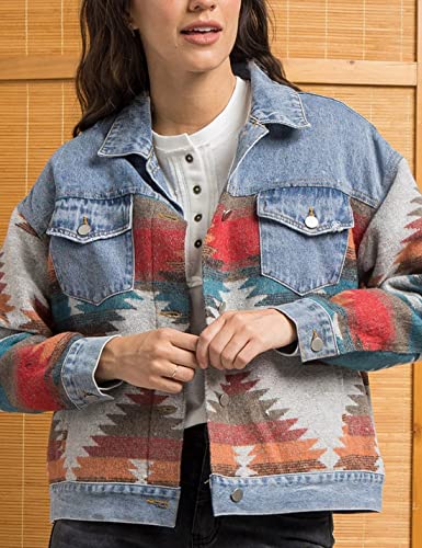 Women’s Aztec Shacket Jacket Lapel Long Sleeve Retro Jean Coat Oversized Western Denim Jacket2