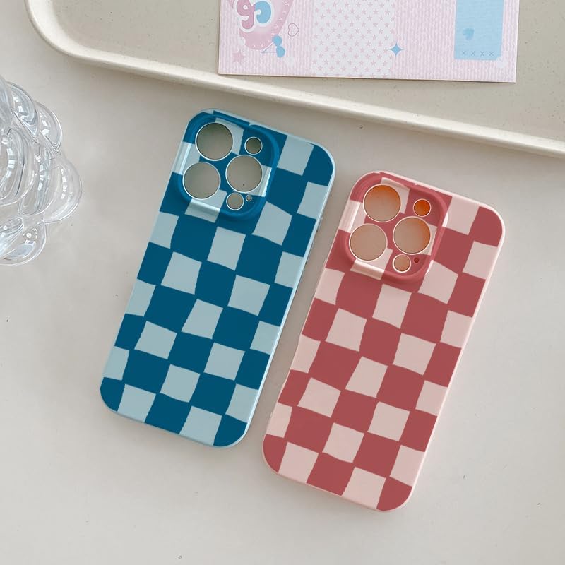 Condition photo showing New/Like New for compatible with iphone 13 case for women girl cute aesthetic checkerboard larger blocks pattern trendy slim fit tpu silicone shockproof full camera protection cover - blue iphone 13 case blue