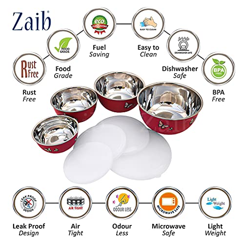 Image of Microwave Safe Stainless Steel Food Storage Container with Lid | Euro Mixing Bowl Set for Kitchen | 500ml, 800ml, 1250ml, 2000ml | Pack of 4 | Leak-Proof (Red Butterfly 4)