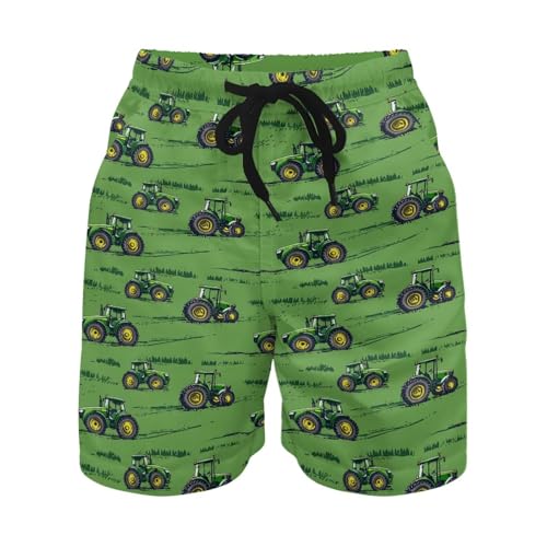 TOADDITDO Kids' Drawstring Beach Shorts with Comfort Lining Green Tractor Print Breathable Quick Dry Swimming Shorts with Pockets