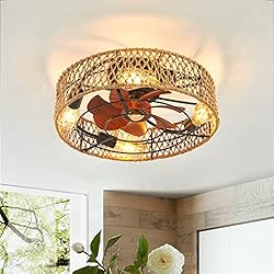 Ventilador Rustico Ventilador de Techo con Luz y Mando Rustico Vintage Lampara Ventilador Techo Silencioso 6 Velocidades Motor DC Reversible E27x4 Hecho a Mano Ceiling Fan with light para Cocina Dormitorio Granja