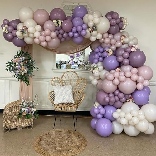 Image of Dusty Purple Balloons Garland Arch Kit, Pink Purple Metallic Rose Gold Balloon, Lilac Retro Pink Sand White Balloon for Boho Baby Shower Bridal Wedding Birthday Mother's day Butterfly Party Decoration