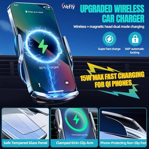 Image of WeFly Wireless Car Charger, MAX 15W Fast Charging Auto Clamping, Sensing Phone Holder Mount, fit for iPhone 16 15 14 13 12 Pro Max Xs X, Samsung Galaxy S24 Ultra S23 S22 S21 S20 Note20 (1-Silver)