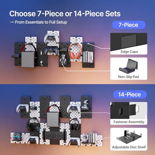 Image of PEGZONE Controller and Headphone Holder Wall Mount, Modular Gaming Pegboard with Accessories, Controller Stand for Xbox PS5 PS4 Switch, Video Game Storage, Disc Shelf, 14pcs Pegboard, Black & White