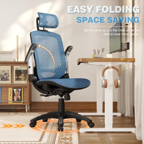 Image of GABRYLLY Ergonomic Office Chair, High Back Mesh Desk Chair with Adjustable Headrest, Flip-Up Arms, 90-120 Tilt Lock, Lumbar Support and Comfy Seat, Swivel Computer Task Chair, Blue