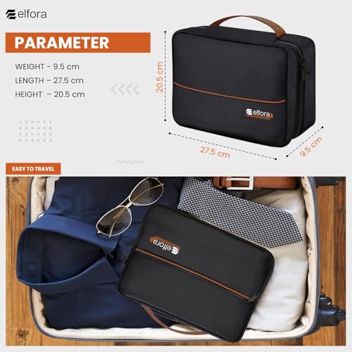 Image of Elfora Cable Organizer Bag | Single Compartment Electronics Gadget Case for Cables, USB Charger, Phone, Earphone & Power Bank | Portable Travel Accessory Pouch with Mesh Pockets & Handle Strap (Black)