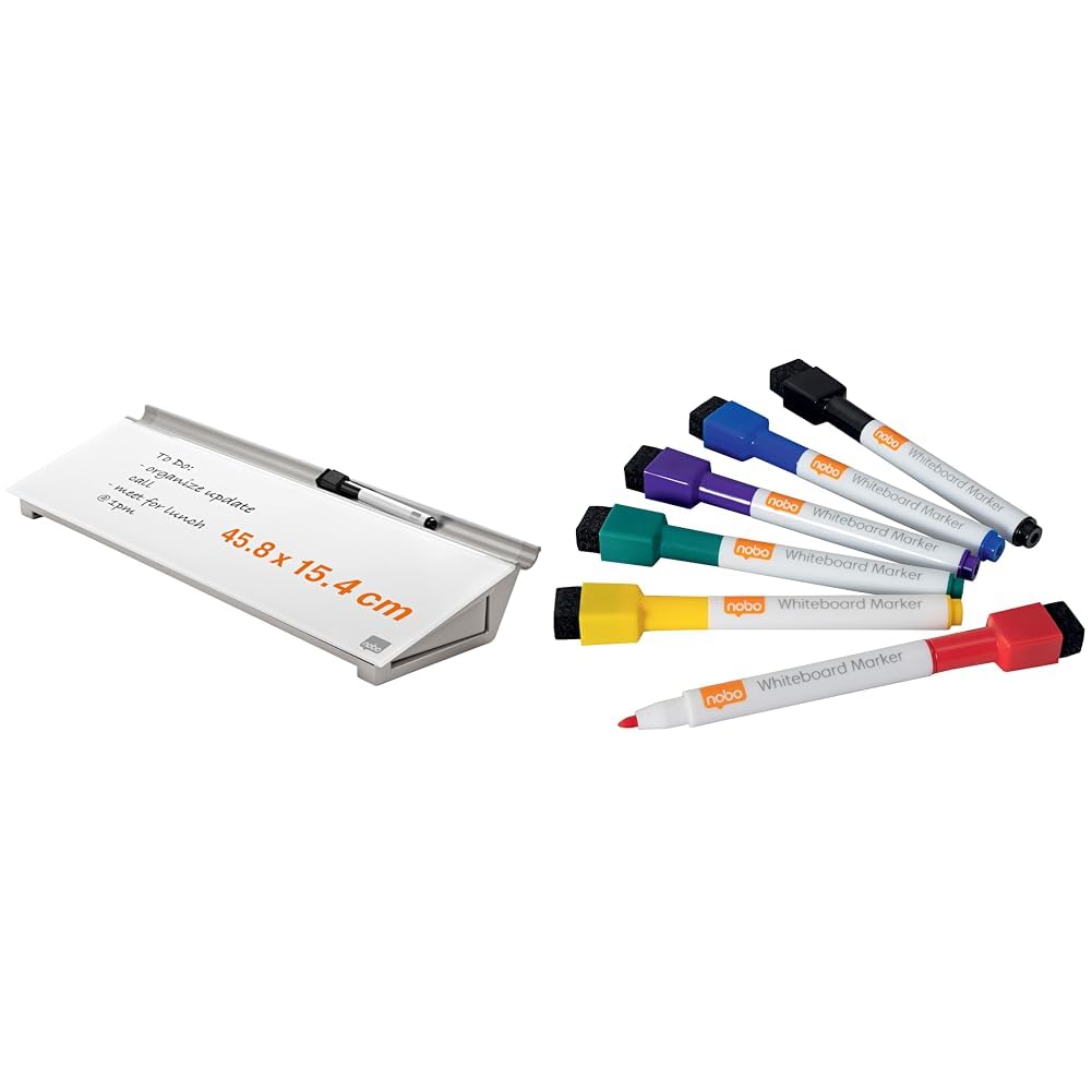 Nobo Set Glas-Whiteboard Desktop-Memoboard + 6er-Pack Mini-Marker, Trocken Abwischbare Glas-Oberfläche, Tragbar, Rahmenlos, 458 x 154 mm, Mit Aufbewahrungsschublade, Brilliant Weiß, 1905174 + 1903792