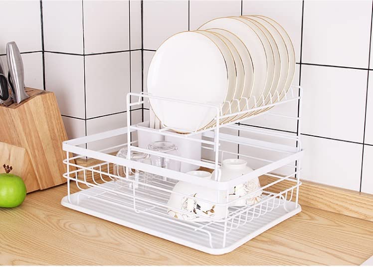 Escurridor de platos con bandeja de goteo, cesta de almacenamiento de cubiertos de cocina, escurridor de platos con soporte de almacenamiento para organizador de cocina, estante para