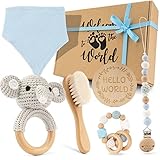 LUXS BABY Baby Geschenk Junge [6-Teilig] für Neugeborene | Handmade Spielzeug, Spucktuch, Meilensteinkarte, Rassel, Bürste | Geschenk zur Geburt, Babyparty