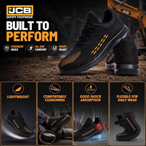 Image of JCB FASTRAC Light Weight Safety Shoes for Man | Breathable Textile Upper | Steel Toe Cap | Antislip & Water Resistant | Single Density, Antistatic & Abrasion Resistance | Black | Size 6-10 UK