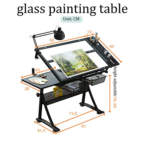 Drafting Desk, Glass Top Drafting Table, Height Adjustable Drawing Desk Art Table, Tiltable Tabletop Art Craft Desk Paintings Work Station, 2 Drawers,
