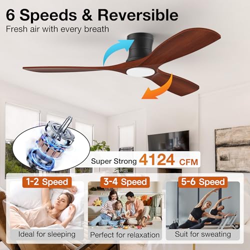 Image of 52 Inch Smart Low Profile Ceiling Fans with Lights Remote,Wood,Flush Mount