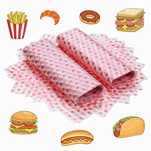 Moendergo 100 Stück Wachspapier Bögen, Wachspapier, Geschenkpapier, Antihaftbeschichtet Lebensmittelpapier, Kuchenverpackungen Deli-Papiere für Kuchen, Verpackung (Rosa Schöne Herzen) Cover