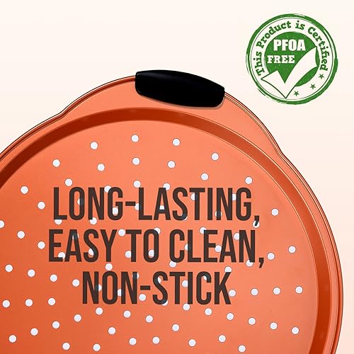 Nutrichef Non-Stick Pizza Tray for Oven, 33cm Round Carbon Steel Baking Trays with Perforated Holes, Silicone Handles, Dishwasher Safe, Pizza Stone Alternative, Copper - Image 4