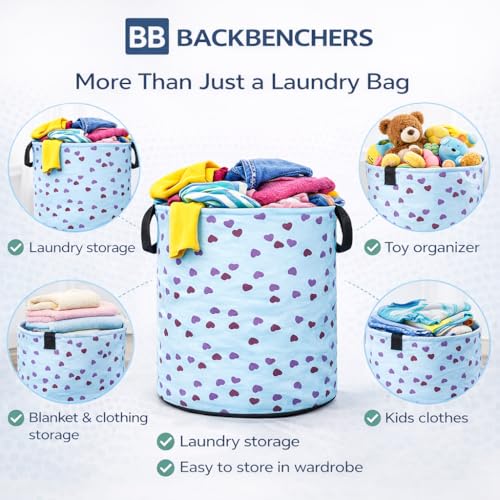 Image of Printed Laundry Basket 48L | Foldable Storage Bag with Handles | Multipurpose Clothes Hamper for Bedroom, Bathroom & Dorm | Non-Woven Fabric (Heart Print) | Blue | Pack of 1