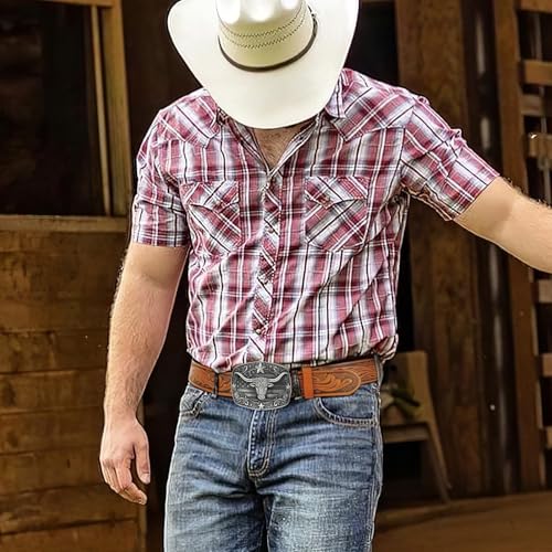 Image of SANSTHS Western Cowboy Belts for Men Women, Mens Western Belt Bull Buckle Country Belt Cowboy Leather Belt for Jeans