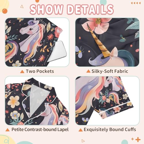 senya Cute Unicorn in Flowers Satin Summer Pajama Sets Silk Short Sleeve Button Down Sleepwear3