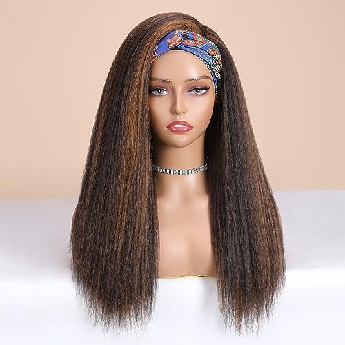 WIGNEE Brown Highlights Kinky Straight Headband Wig for Women 22...