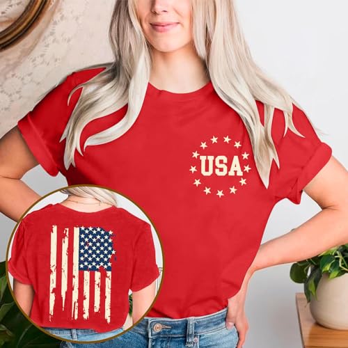 American Flag Shirt Women: Patriotic Shirt USA Flag Stars Stripes Print Short Sleeve T-Shirt 4th of July Tee Tops4