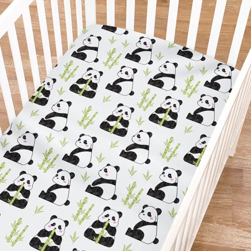 Image of Cartoon Panda Green Leaves Baby Crib Sheets for Boy Girl 52 inchx28 inch Cute Bear Animals Soft Breathable Unisex Fitted Nursery Baby Bed Sheet Fits Standard Crib and Toddler Bed Mattresses