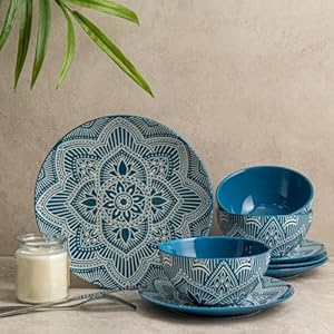 Bzyoo 12-Piece Ceramic Dinnerware Set: Unique La La Mandala Blue Premium Dish Set Design for Every Occasion – Microwave & Dishwasher Safe