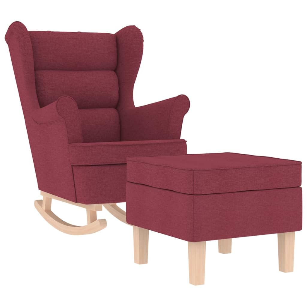 Schaukelstuhl mit Fußhocker Weinrot Stoff, komfortabler Relaxsessel gepolstert, moderner Loungesessel mit Massivholzbeinen für Wohnzimmer Schlafzimmer und Büro, 74 x 90 x 102 cm