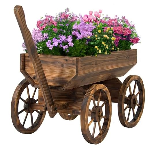 Watbick Wood Wagon Planter for Outdoor Balcony Decor - Garden Rustic Wooden Flower Cart with Wheels for Outside - Garden Decor - Amish Decorative Indoor - Wheelbarrow Planter for Patio