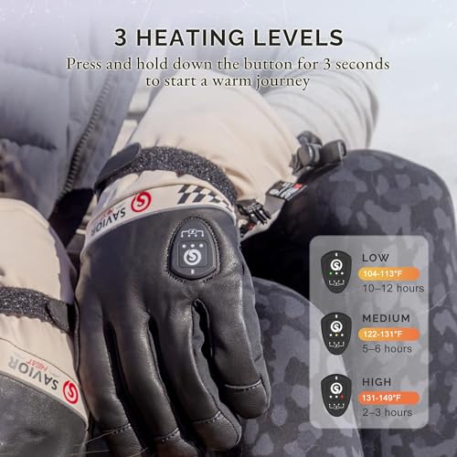 Image of SAVIOR HEAT Heated Gloves 2.0 for Men Women, Premium 3M Insulation App Control Rechargeable Battery Ski Gloves, Electric Waterproof Goatskin Fast Charging for Winter Skiing (Beige, Medium)