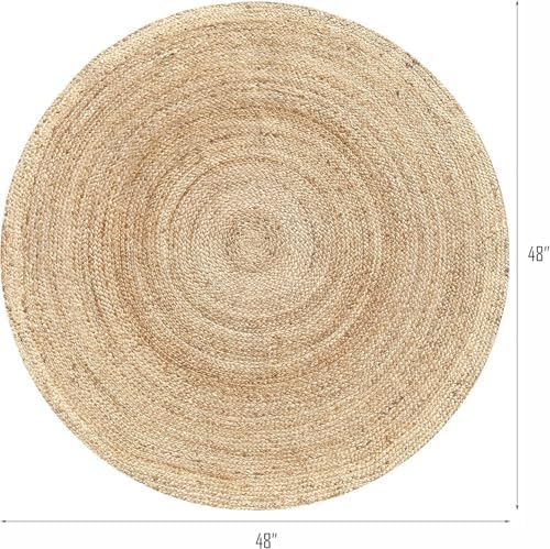 Jute Braided Area Rug, 4 feet Round Jute Braided Rug, Stain Resistan Natural Handmade Circle Boho Area Rug for Entryways, Living Room, Bedroom, Farmhouse Vintage Decor, Reversible Rug 4' (Round) Braided Rug