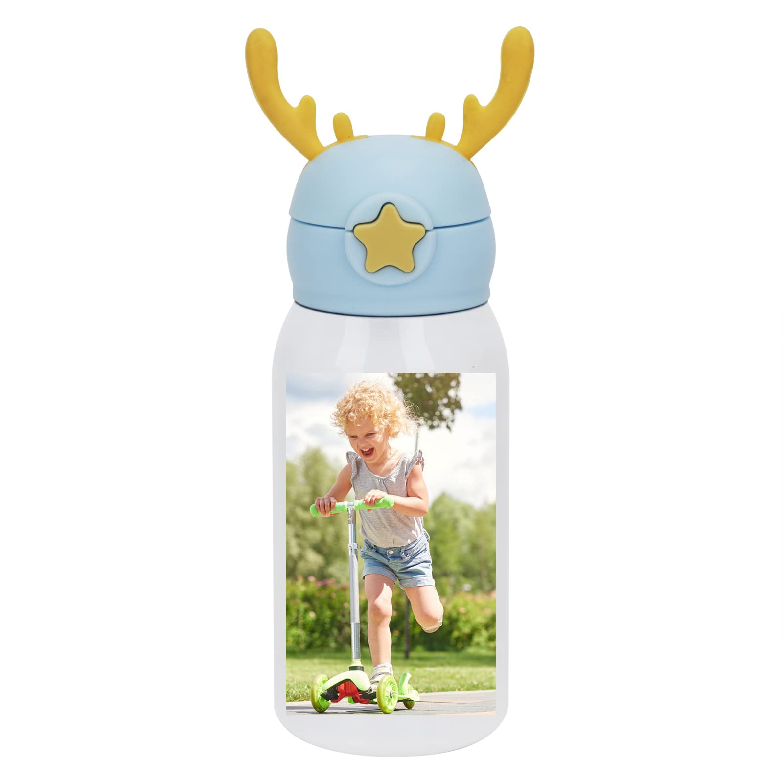 PURFUN Kids Custom Stainless Steel Water Bottle with Deer Horn 500ml Personalised Vacuum Insulated Straw Bottle Add Your