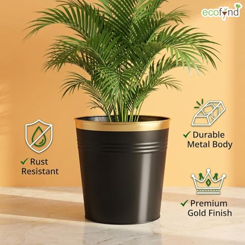 Image of ecofynd Modern Black Metal Planters 10 Inches Pack of 1, Indoor Outdoor Balcony Flower Pots, Living Room Decor Gamla, Midland Garden Pot, Home Decoration Planters, Office Decor Set (REC19004-BLK)