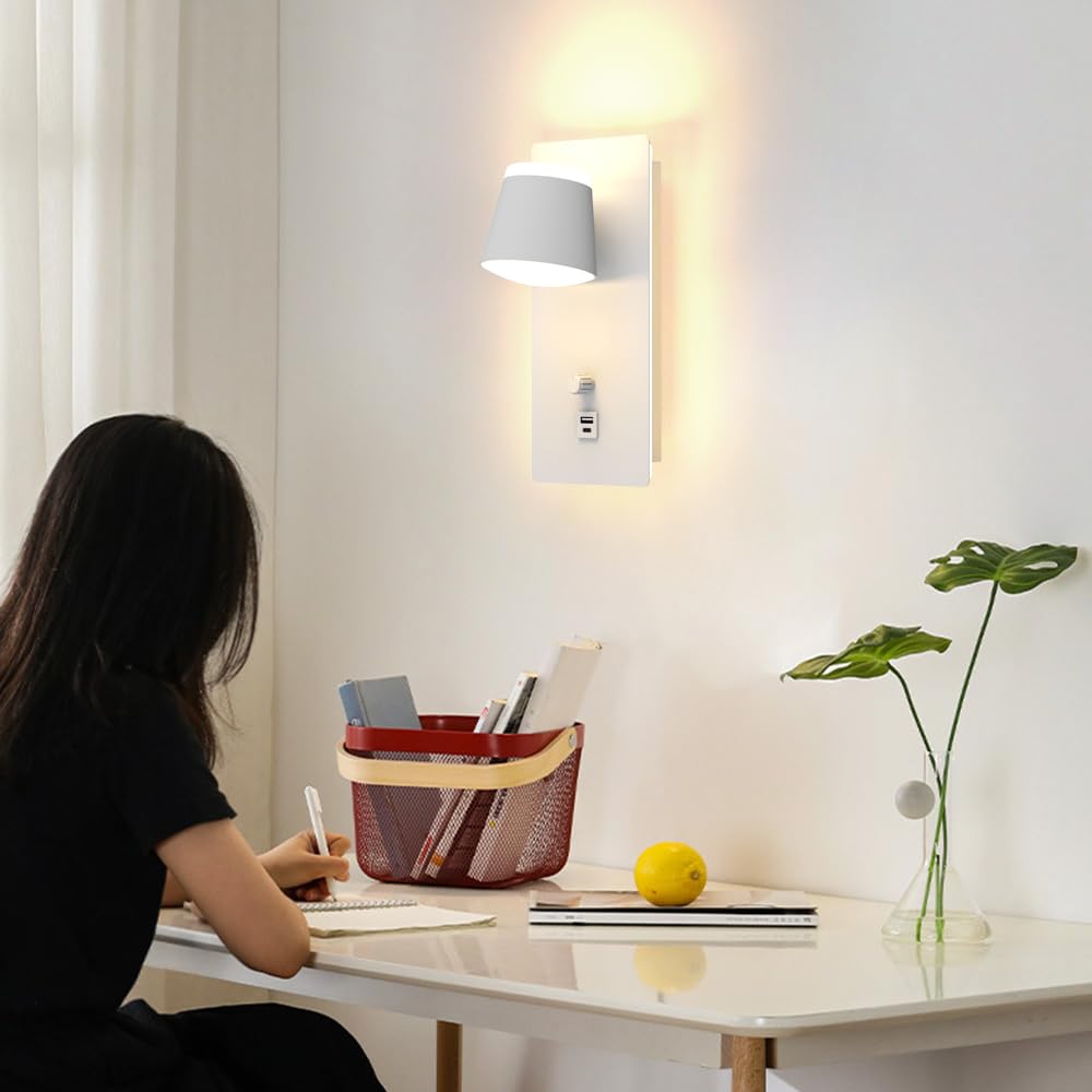Sytmhoe 2 Pièces Appliques Murales Blanche Avec Port Usb Type C, Art Deco Led Blanc Lampe Murale Avec Interrupteur, 16W 3000K Dimmable Rotatif Liseuse Luminaires De Chevet Pour Chambre Salon Hôtel