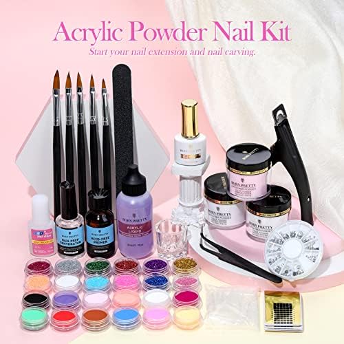 BORN PRETTY Acrylic Nail Kit with Everything, Acrylic Nail Kits Full Set Acrylic Powder and Liquid Monomer Set 24 Glitters Acrylic Nail Brush Nail Tips for Acrylic Nails Extension Beginner kit