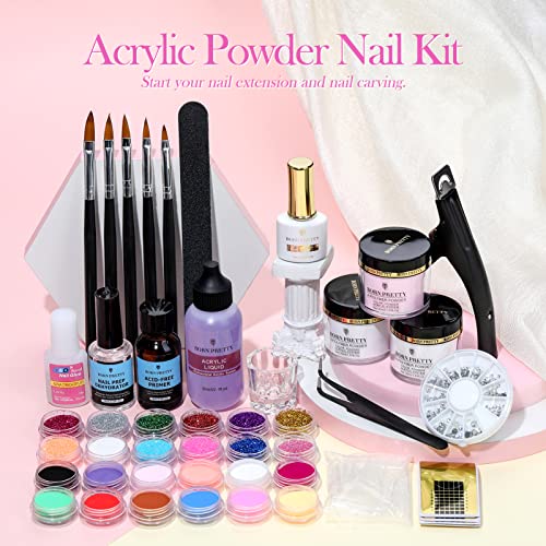 Born Pretty Acrylic Nail Kit With Everything Acrylic Powder And Liquid Monomer Set 24Colors Glitters Acrylic Nail Brush Nail Tips Nail Primer Nail Art Supplies For Acrylic Nails Extension Beginner Kit #TOP6