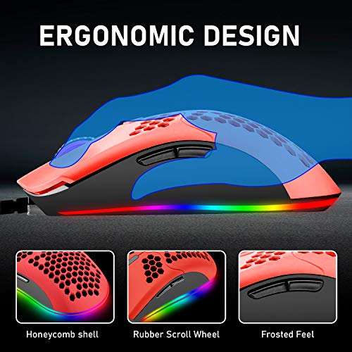 Wired Lightweight Gaming Mouse , 6400Dpi Backlit Mice With 7 Buttons Programmable Driver,Ultralight Honeycomb Shell Ultraweave Cable Mouse Compatible With Pc Gamers And Xbox And Ps4 Users(Red) #TOP2