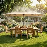 Timechee 15 FT Outdoor Patio Umbrella with Cooling Misting System, Rechargeable Electric Mist Pump, Type-C Charging, 2-3 Hours Use, Large Beach Umbrella with Base for Backyard, Patio, Beige