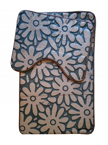 De Lavish Floral Grey/Silver Bath Mat Set 2 Piece Non Slip Rubber Pedestal And Bath Mat Set Toilet Floral Bathroom Rug New (Grey/Silver)