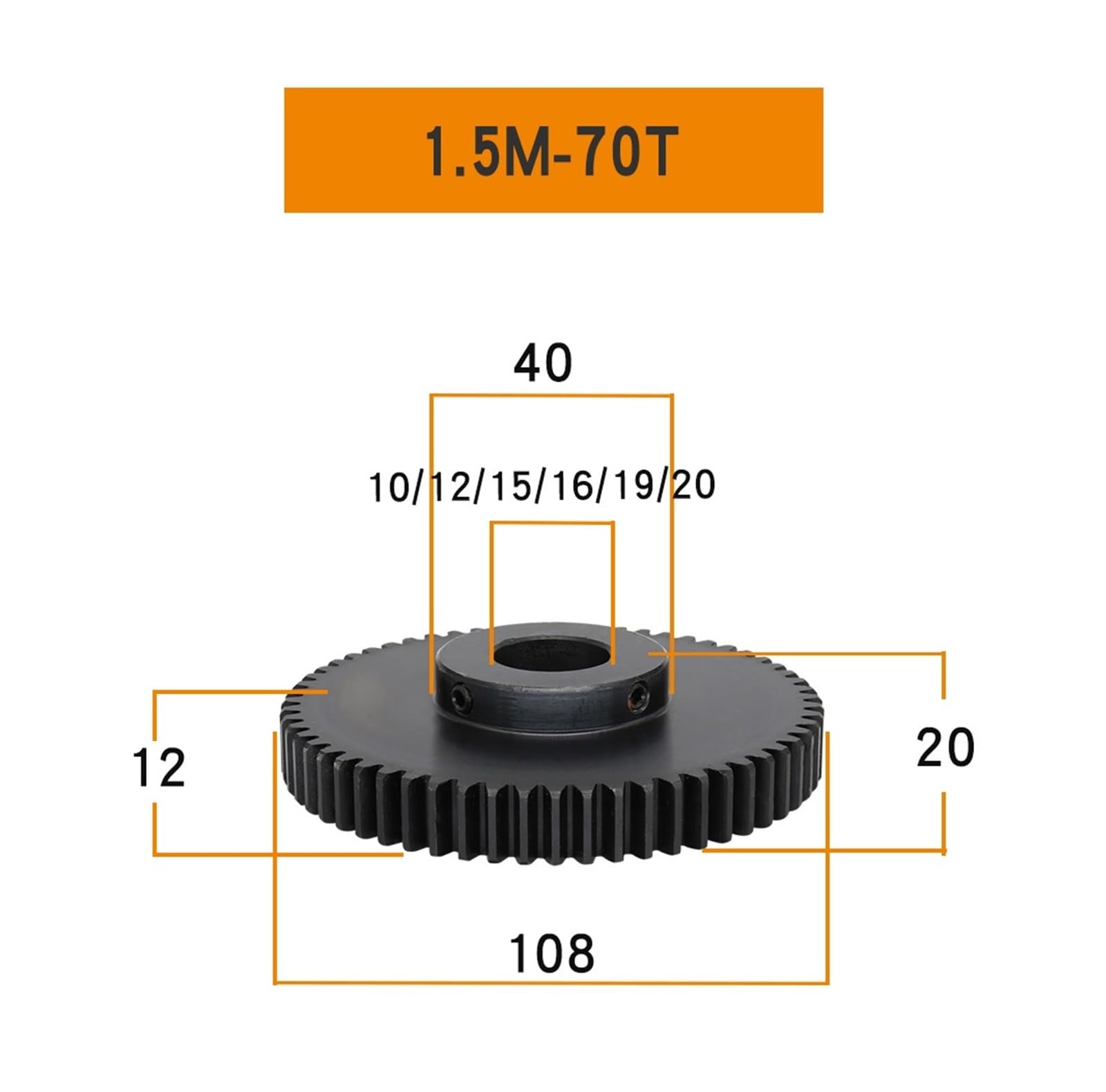 Bevel Gear Pinion Hardware Mechanical Cylindrical Gear 1.5M-70T Bore 10/12/15/16/17/19/20/25mm Teeth Thickness 12mm Blackening Carbon Steel Worm Gear for Electric Motor(10mm)