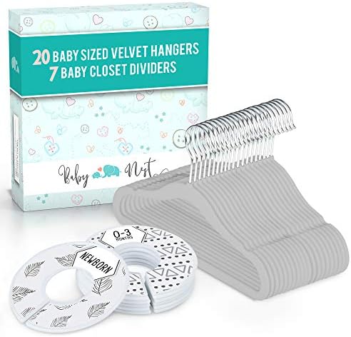 Baby Nest Designs 20x Baby Hangers for Closet with 7X Baby Closet Dividers for Nursery Velvet Baby Clothes Hangers Unisex Newborn Essentials Baby Size Organizer for Infant Clothing to 24 Months