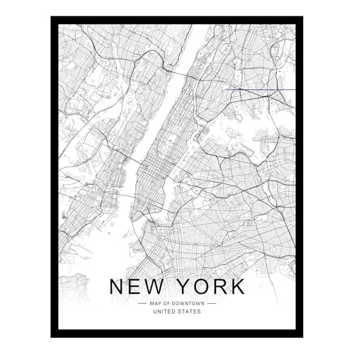 ZEARPT New York City Downtown Map Wall Art, Black and White NYC Street Map Print Poster, Modern Minimalist City Road Decor for Office Living Room Apartment, Gift for Travelers Men, Unframed 8x10 Inch